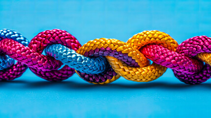 A vibrant collection of intertwined colorful ropes, symbolizing teamwork, unity, and collaboration.