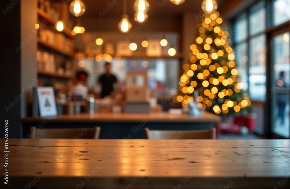 Poster Empty wooden table in cafe setting. Christmas lights out of focus in background. Cozy festive atmosphere ideal for product display. Suitable for diverse products in warm, inviting space.