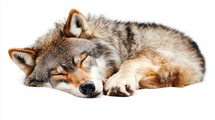 A grey wolf peacefully sleeping on a white background