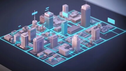 Modern Cityscape Low Poly Buildings Neon Grid Network Design
