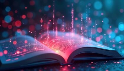 Open book glows with digital data. Artificial intelligence processes info from unstructured text. Tech extracts data from docs. AI in doc analysis. Innovation in info tech. Modern tech in libraries.