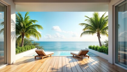 Fototapeta premium Wooden balcony patio deck enjoys ocean panorama view. Sunlight illuminates deck with wooden furniture, pool. Tropical plants, palm trees add paradise vibe. Ideal for vacation homes hotels. Relaxing