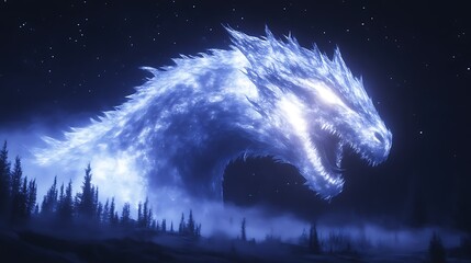 Obraz premium A luminous glacial dragon looms over a misty forest