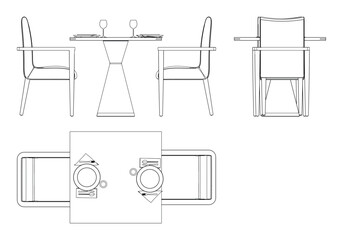 Illustrated Outline of Dining Chairs and Table Set in a Restaurant with white background. Vector Illustration with Front, Side, and Top Views