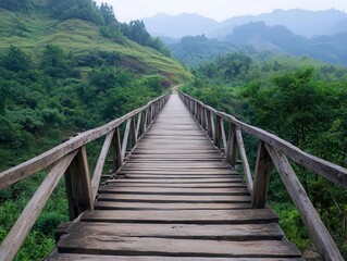 Fototapeta premium Timber bridge with roughhewn planks, crossing a narrow ravine in a remote mountainous rural region