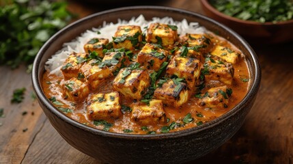 A bowl of creamy paneer tikka masala with vibrant spices and herbs