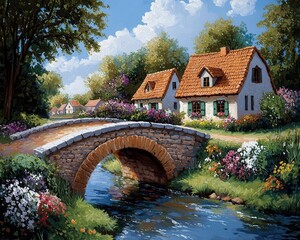 Stone bridge with small arches, crossing a trickling stream in a rural village, surrounded by farmhouses