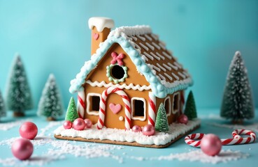Festive gingerbread house decoration. Sweet treat for Christmas. Small house decorated with frosting, candy canes. Pink, white decorations, miniature Christmas trees create holiday scene on pastel