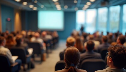 Large audience attentively listens to presentation lecture. Many people seated in rows of chairs. Pro atmosphere evident. Indoor setting in modern hall auditorium. Speaker likely on stage. Event