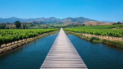 Fototapeta premium Traditional wooden bridge crossing a slow river, with a backdrop of rural vineyards and hills