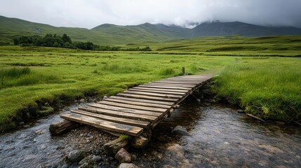 Fototapeta premium Curved bridge made from local wood, crossing a babbling brook in a quiet rural meadow