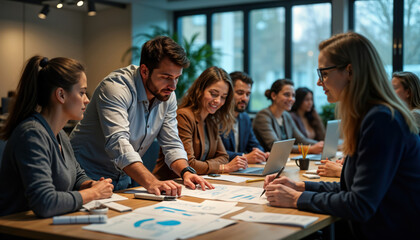 Diverse team in modern office works on project. Business professionals discuss strategy together. Team members collaborate using documents, laptops. Analyze data charts, diagrams. Motivated, focused