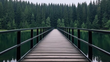 Minimalist bridge with metal railings and wooden slats, crossing a calm rural lake surrounded by pine forests