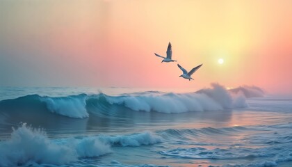 Ocean waves crash at dawn. Sunrise paints sky in soft colors. Seagulls fly above tranquil water. Mist rises from ocean. Coastal scenery. Peaceful morning atmosphere. Beautiful natural landscape. Soft