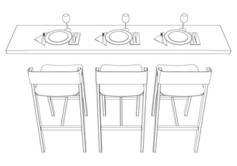 Restaurant furniture, Trendy dinner table and chairs set hand drawn outline doodle icon. Flat design. Vector sketch illustration for print, mobile graphic and infographics isolated on white background