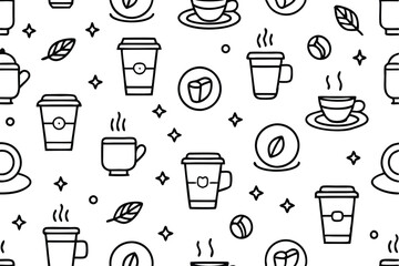 Seamless Coffee Doodle vector Pattern in Cute Hand-Drawn Style Ideal for Backgrounds & Design Projects