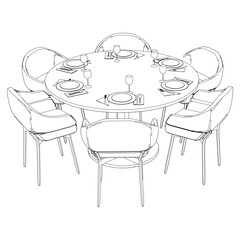 Round table and chair vector set. Restaurant chair and table. Outline illustration for coloring book, interior projects, designers.