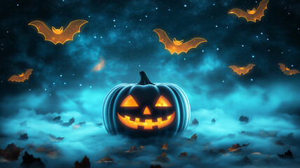 Illustration of Halloween featuring a carved pumpkin illuminated from within by vibrant neon light, surrounded by floating holographic bats