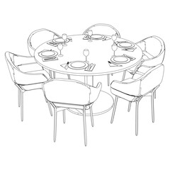 Restaurant furniture, Trendy dinner table and chairs set hand drawn outline doodle icon. Flat design. Vector sketch illustration for print, mobile graphic and infographics isolated on white background