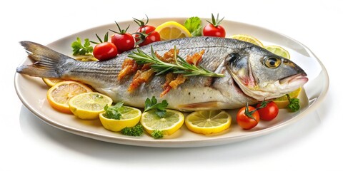 Grilled fish on plate isolated on white background.
