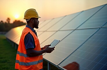 African American tech checks solar panels at sunset. Engineer examines photovoltaic system outdoors. Uses tablet for maintenance. Renewable energy. Eco-friendly business. Pro worker. Tech,