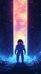 Naklejka premium astronaut in space watching a portal with copy space vertically 9:16