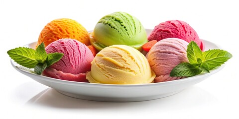 Ice cream scoop ball with fruits toppings on white background.