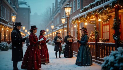 Obraz premium Victorian carolers sing Christmas carols in snowy town square. Festive decorations, street lamps illuminate scene. People in period attire gathered together. Snowflakes fall softly. Christmas Eve