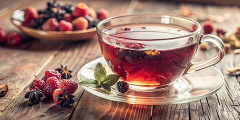 A cup of tea with berries on a table