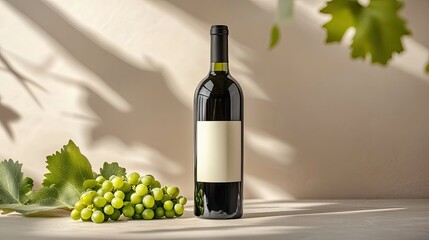 Obraz premium Editorial wine label mockup scene with fresh green grapes and soft leafy shadows, natural light composition for vineyard wine product branding design