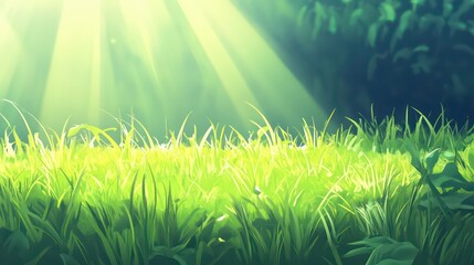 Obraz premium Sunlit green meadow: vibrant natural background with glowing sunrays and lush grass