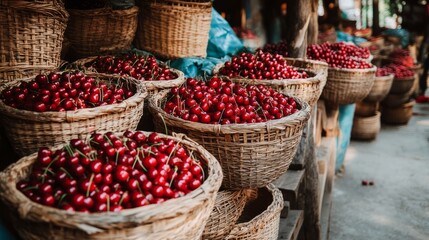 Harvest of ripe red cherries gathered in baskets, agribusiness concept, organic healthy food and non-GMO fruits with space for text	