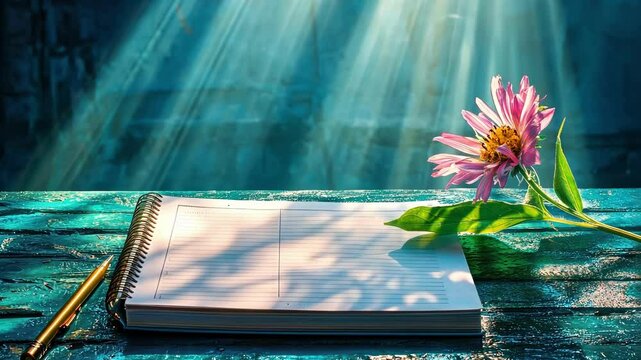 Blue monday still life composition with open notebook and flower on textured wooden surface