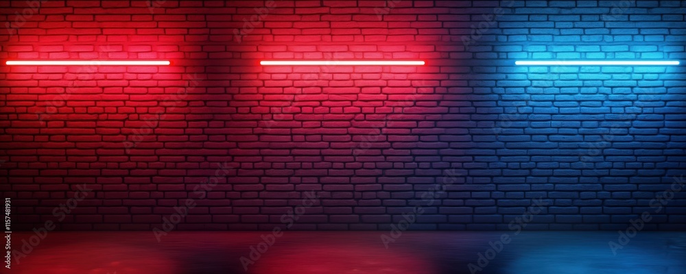 Aufkleber Empty room with brick wall. Neon lights in red, blue create vibrant gradient effect. Lighting, brickwork texture suitable for various uses like studio backdrop for photos videos. Ideal as background