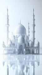 Fototapeta premium meticulously detailed white model of a grand mosque with multiple minarets and a reflective base Islamic architecture serene peaceful atmosphere