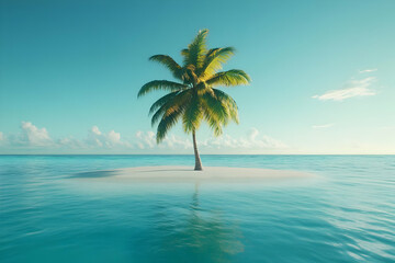 Fototapeta premium Single palm tree on a small sandy island in a tranquil turquoise ocean under a clear blue sky.