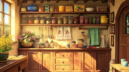 Cozy kitchen with shelves filled with jars and utensils.