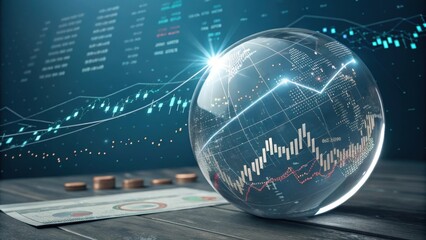 Crystal ball displays global financial data and positive trends, illuminated by charts, graphs, and a world map, suggesting a promising economic outlook