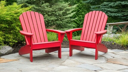 Pair of Vibrant Red Adirondack Chairs on a Stone Patio Surrounded by Greenery