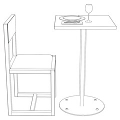 Fototapeta premium Restaurant furniture, Trendy dinner table and chairs set hand drawn outline doodle icon. Flat design. Vector sketch illustration for print, mobile graphic and infographics isolated on white background
