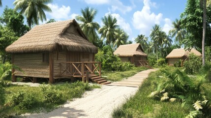 Obraz premium Tropical Village Scene with Thatched Roof Houses Surrounded by Palm Trees
