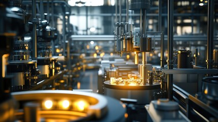 Complex production machines processing raw materials into finished products.