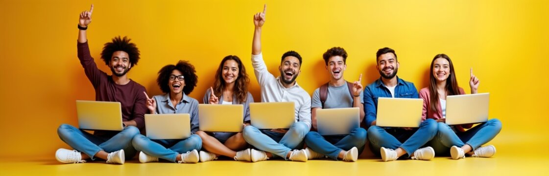 Diverse group of young adults celebrate success together. Sitting on bright yellow floor with laptops. People look happy, excited. Pointing with fingers. Positive energy, modern youth tech vibe.