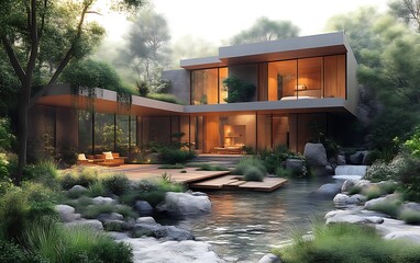 Modern house in tranquil forest setting.