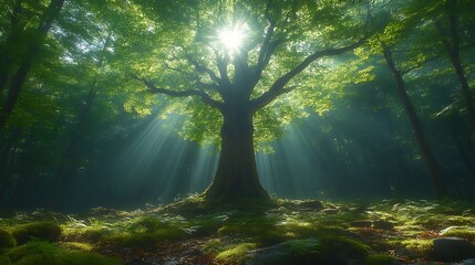 Sunbeams illuminate a majestic tree in a mystical forest.
