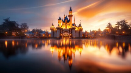 Obraz premium Majestic Fairytale Castle at Sunset Reflected in Calm Waters of Enchanted Landscape