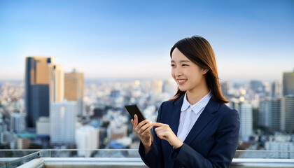 Fototapeta premium 都会のビル街の景色が広がる屋上でスマートフォンを使っている笑顔の若いビジネスウーマン（Smiling young businesswoman using her smartphone on a rooftop with a view of the city's skyline） 