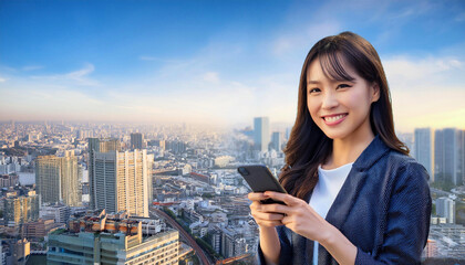 Fototapeta premium 都会のビル街の景色が広がる屋上でスマートフォンを使っている笑顔の若いビジネスウーマン（Smiling young businesswoman using her smartphone on a rooftop with a view of the city's skyline） 