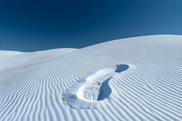 Single footprint in pristine white sand dunes under a clear blue sky.