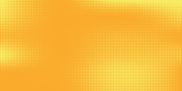 Yellow halftone pattern. Retro comic gradient background. Bright orange pixelated dotted texture overlay. Cartoon pop art faded gradient pattern.